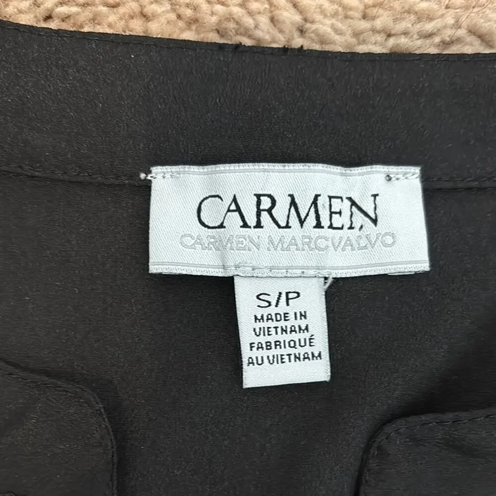 Carmen Marc Valvo Black Button-Down Patch Pocket 3/4 Roll Sleeves Shirt Petite S - Picture 8 of 9